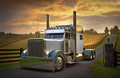 Semi-truck at driving on rural road