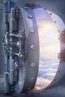 Open vault door revealing birds flying above clouds in sky