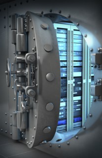 Open vault door revealing computer servers