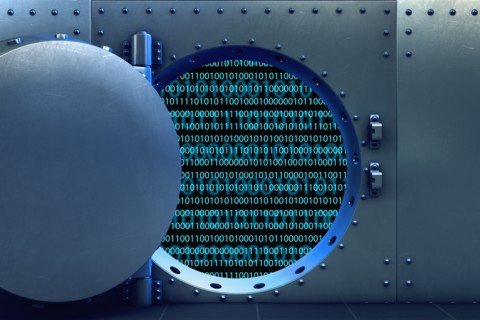 Open vault door revealing binary code