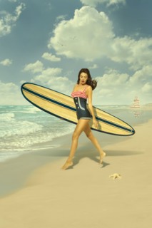 Caucasian woman running on beach carrying surfboard