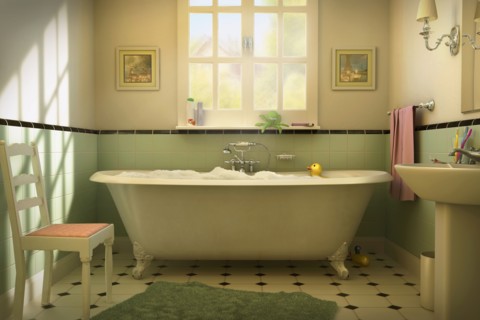 Rubber duck floating in bubble bath