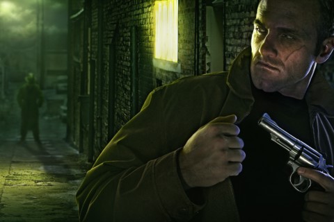 Suspicious man with scar on face holding gun in alley