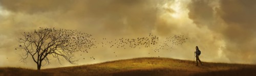 Birds flying from tree near Caucasian woman hiking
