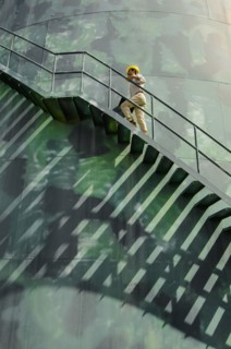 Hispanic worker climbing water tower