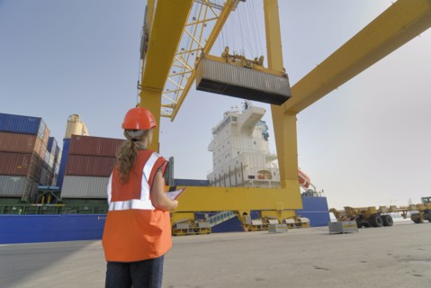Woman at docks watching container on straddle carrier