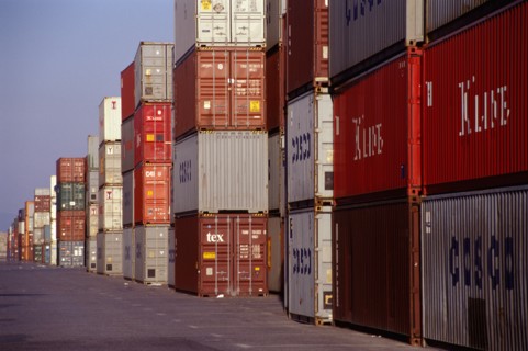 Stacked Lines of Cargo Containers at a Docks