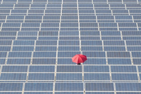 woman holding red umbrella in solar plant