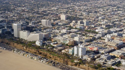 Aerial view of beach and Los Angeles cityscape