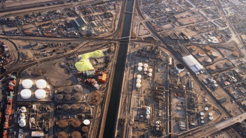 Aerial view of industrial Los Angeles cityscape