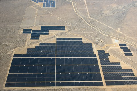 Aerial view of solar farm in remote landscape