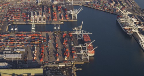 Aerial view of harbor and industrial docks