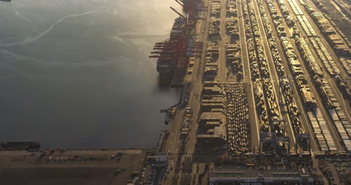 Aerial view of harbor and industrial docks