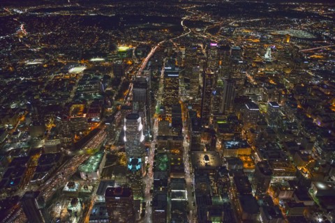 Aerial view of Los Angeles cityscape lit up at night