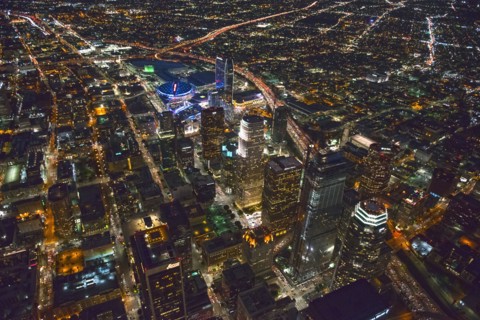 Aerial view of Los Angeles cityscape lit up at night