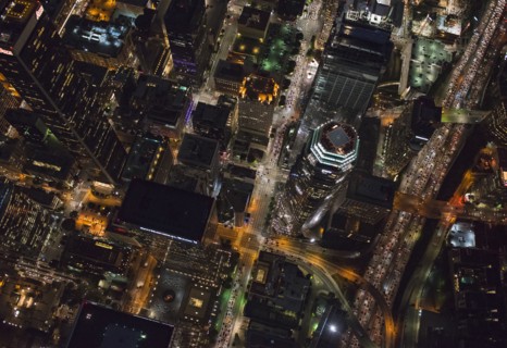 Aerial view of Los Angeles cityscape lit up at night