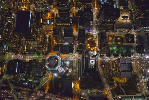 Aerial view of Los Angeles cityscape lit up at night
