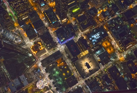Aerial view of Los Angeles cityscape lit up at night