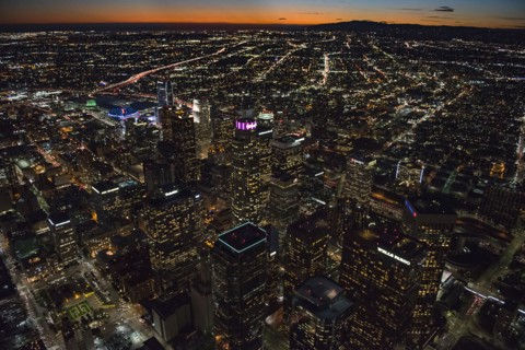 Aerial view of Los Angeles cityscape lit up at night