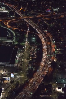 Aerial view of highway in Los Angeles cityscape