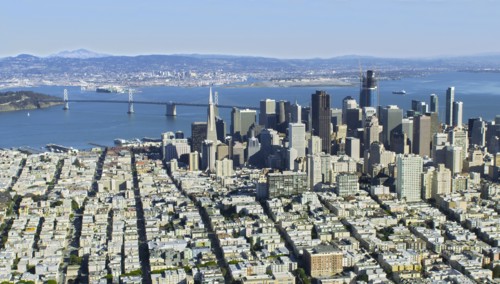 Aerial view of cityscape and bridge