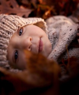 Close up of baby boy laying in autumn leaves