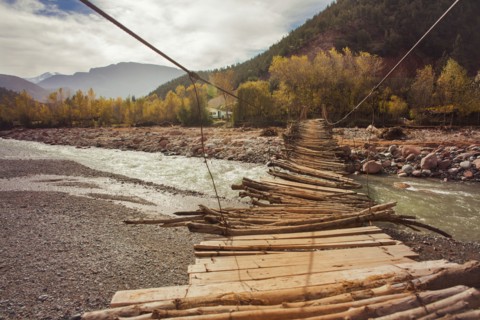 Wooden bridge over remote river