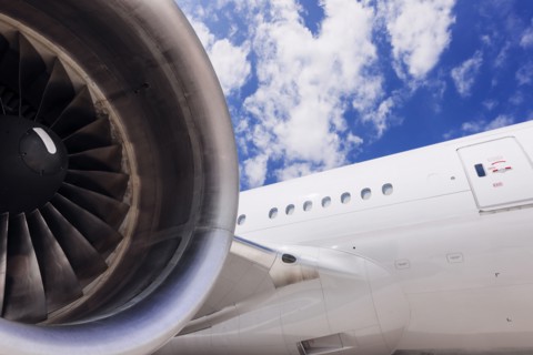 Wing and engine on airplane