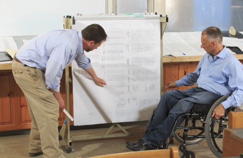 Caucasian architects talking in office