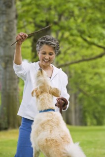 African American woman playing with dog