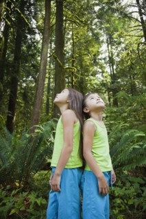Mixed race girls standing back to back in forest
