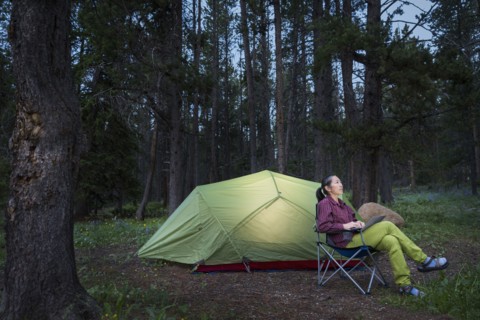 Japanese woman using laptop at campsite