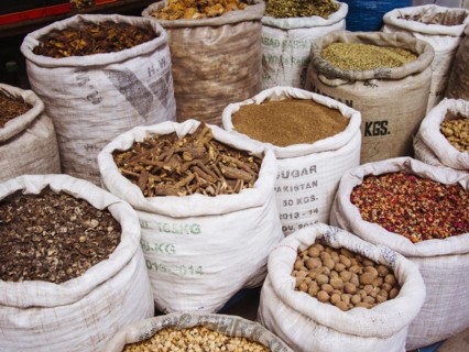 Sacks of spices for sale in market