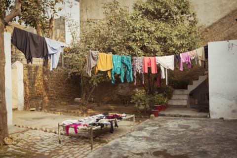 Laundry drying on clothesline in backyard