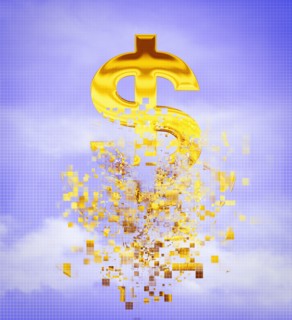 Pixelated dollar sign in sky