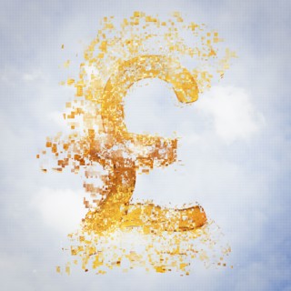Pixelated pound sterling sign in sky