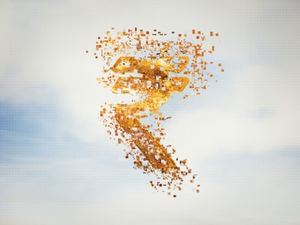 Pixelated rupee sign in sky