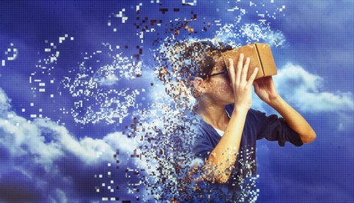 Dissolving mixed race boy peering in box