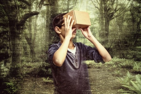 Mixed race boy peering in box in forest