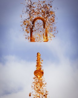 Pixelated key and padlock in sky