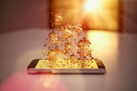 Pixelated dollar signs floating over cell phone