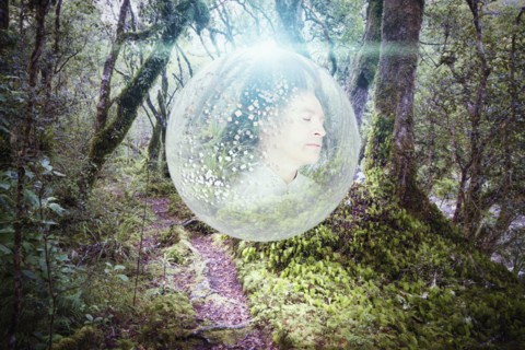 Caucasian man in glowing orb in forest