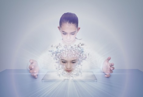 Mixed race girl with digital projection of face
