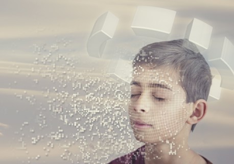 Pixelated mixed race boy with eyes closed