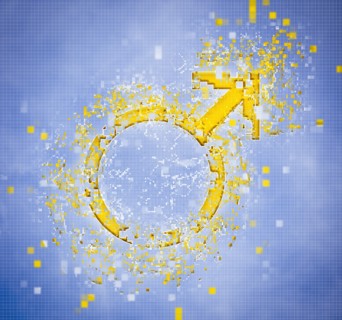 Pixelated male symbol on blue background