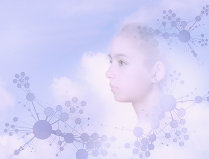 Face of mixed race girl floating in sky with molecule patterns