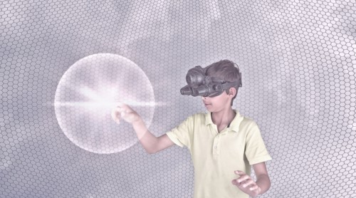 Mixed race boy wearing virtual reality goggles