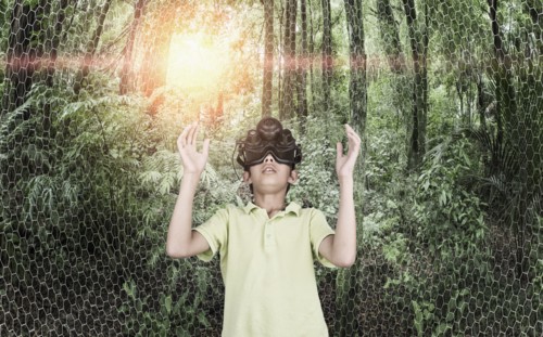 Mixed race boy wearing virtual reality goggles in remote forest