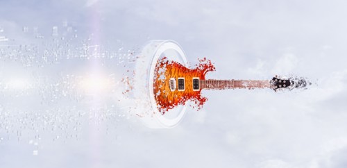 Pixelated guitar floating in sky