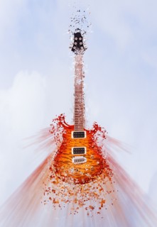 Pixelated guitar floating in sky